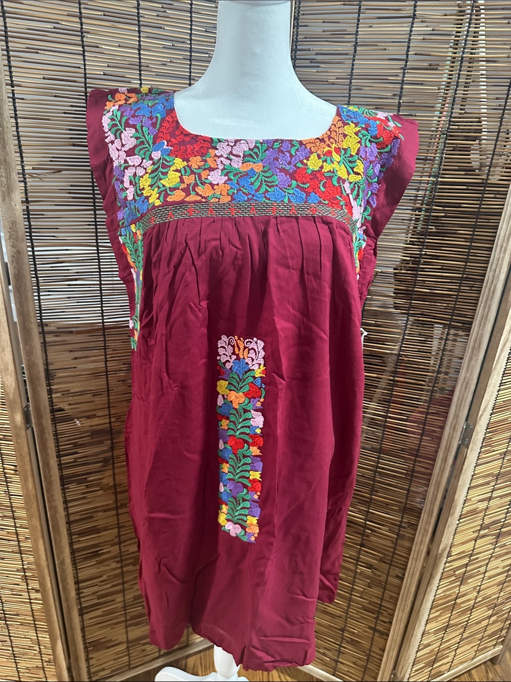 Embroidered Square-Neck Burgundy Casual Dress